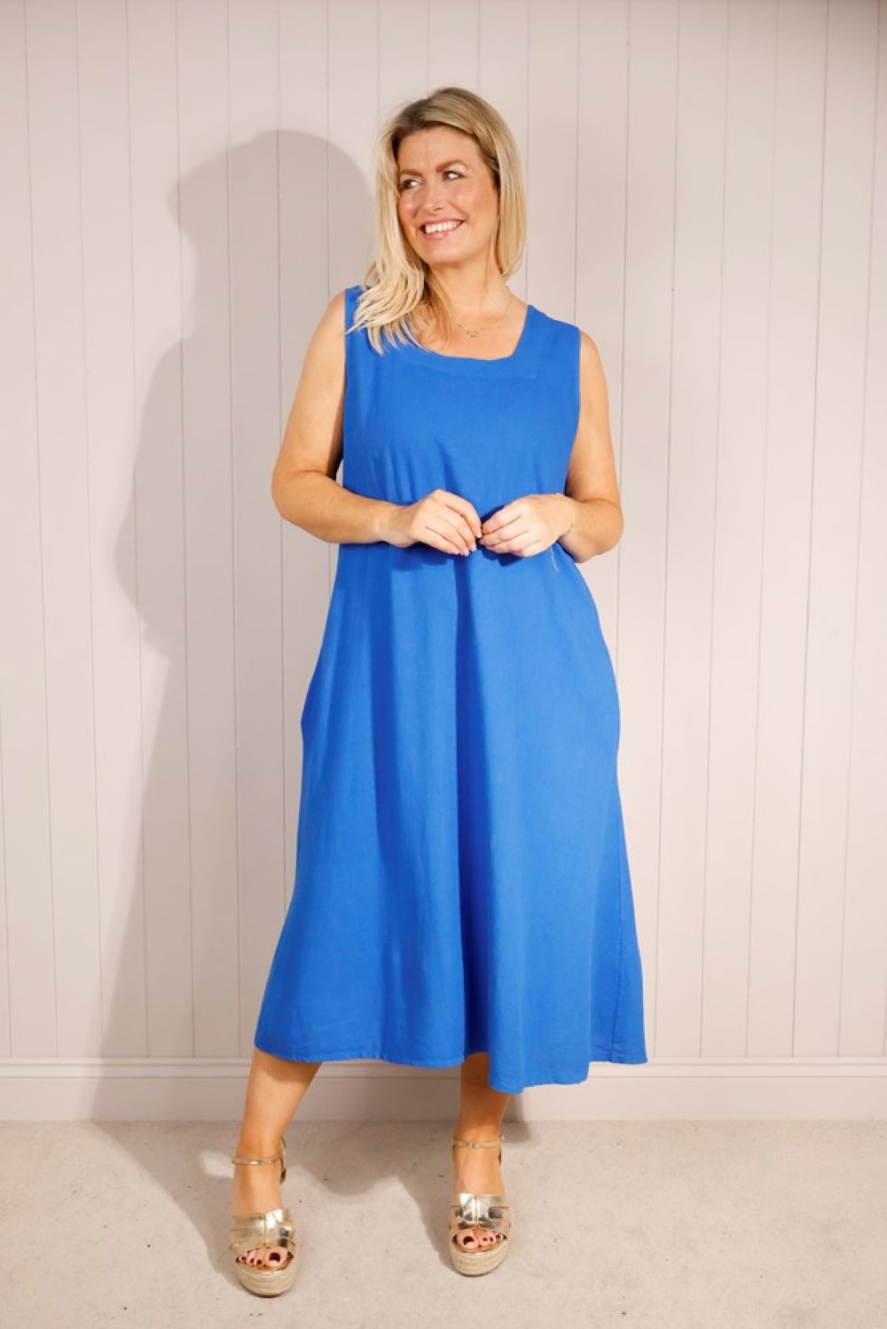 linen-mix-square-neck-sleeveless-dress-royal-blue1 Linen Mix Square Neck Sleeveless Dress - Image 1