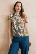 Rosali Linen Blend Printed Top Laurel Green