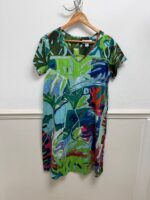 Contemporary S/S Leaves Blue Cotton V Neck Dress