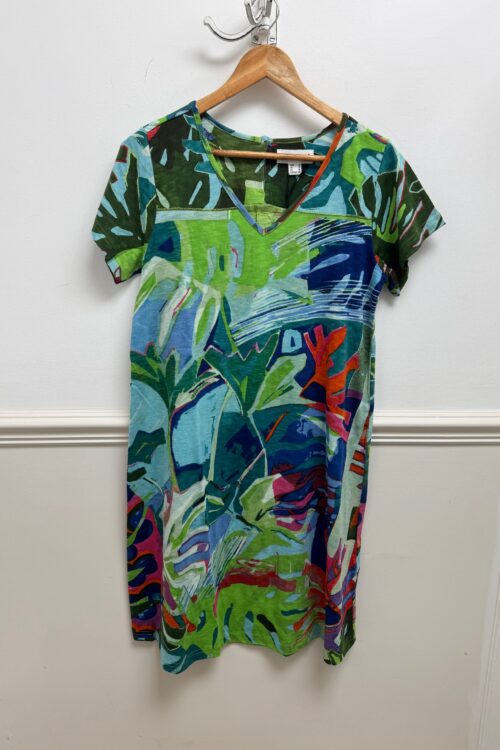 Contemporary S/S Leaves Blue Cotton V Neck Dress