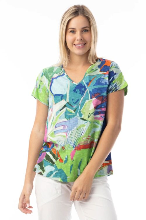 Contemporary V Neck Leaves Blue T-Shirt