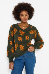 Autumn Florals Fluffy V-Neck Jumper