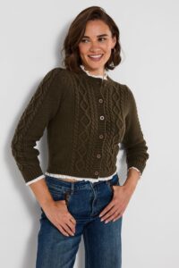 Claudia Woven Trim Cable Knit Cardigan