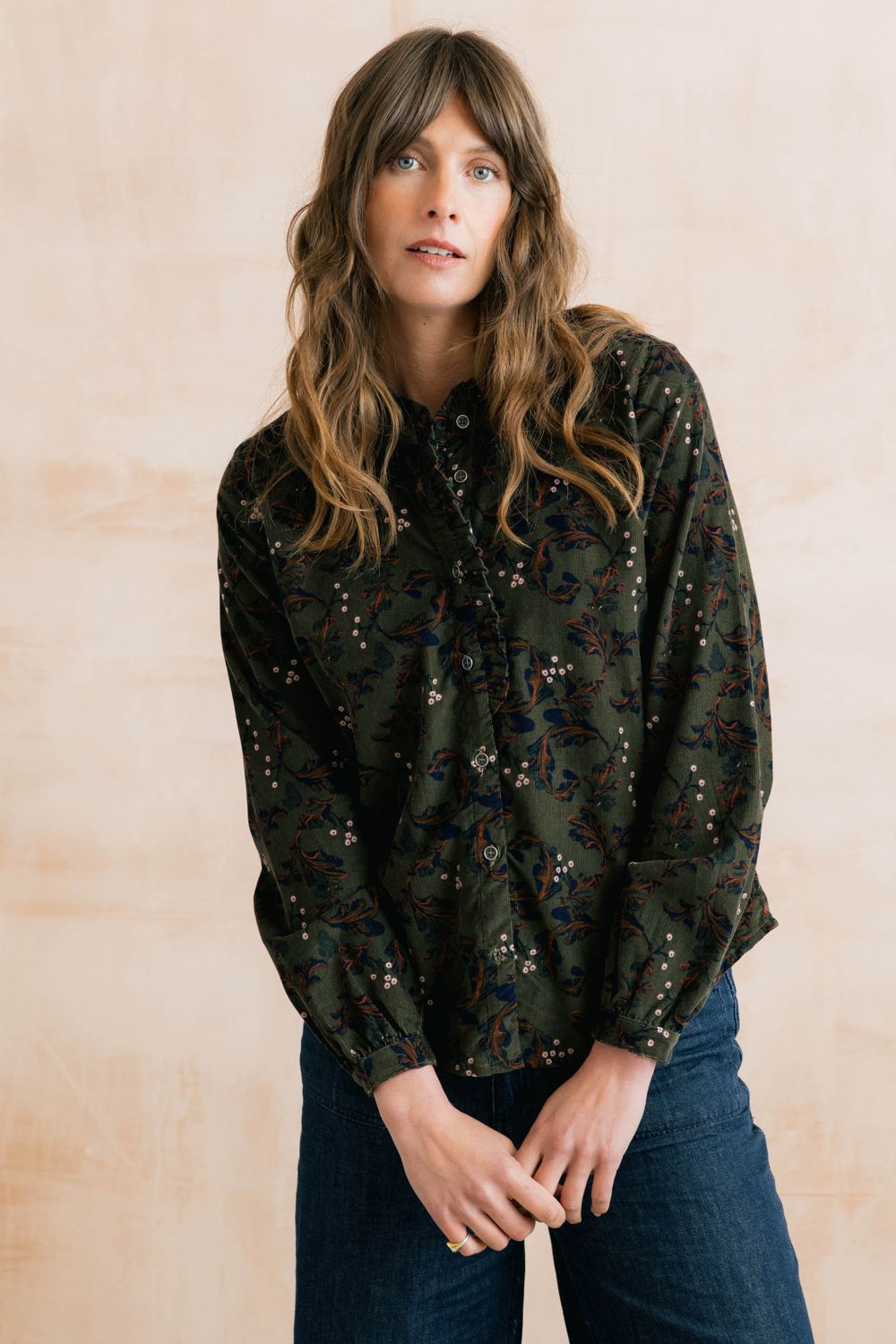 rachel-frill-blouse-trailing-leaves-dark-olive3 Rachel Frill Blouse Trailing Leaves - Image 1