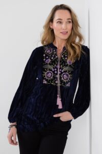 Velvet Tunic Top with Embroidery and Tassel Detail