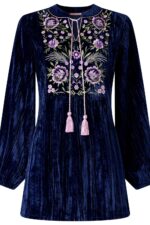 Velvet Tunic Top with Embroidery and Tassel Detail - Image 4