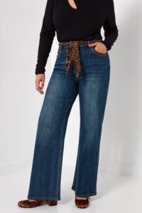 Wide Leg Jeans with Leopard Print Scarf and Pocket Detail